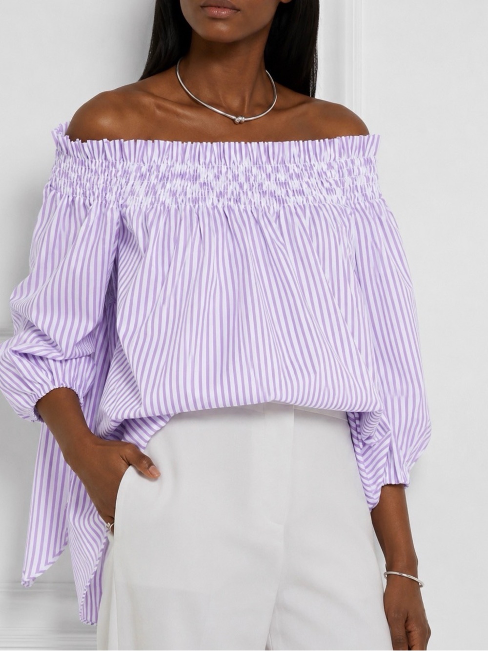 Caroline Constas New York Purple Stripes LOU Off-Shoulder Feminine Top - XS